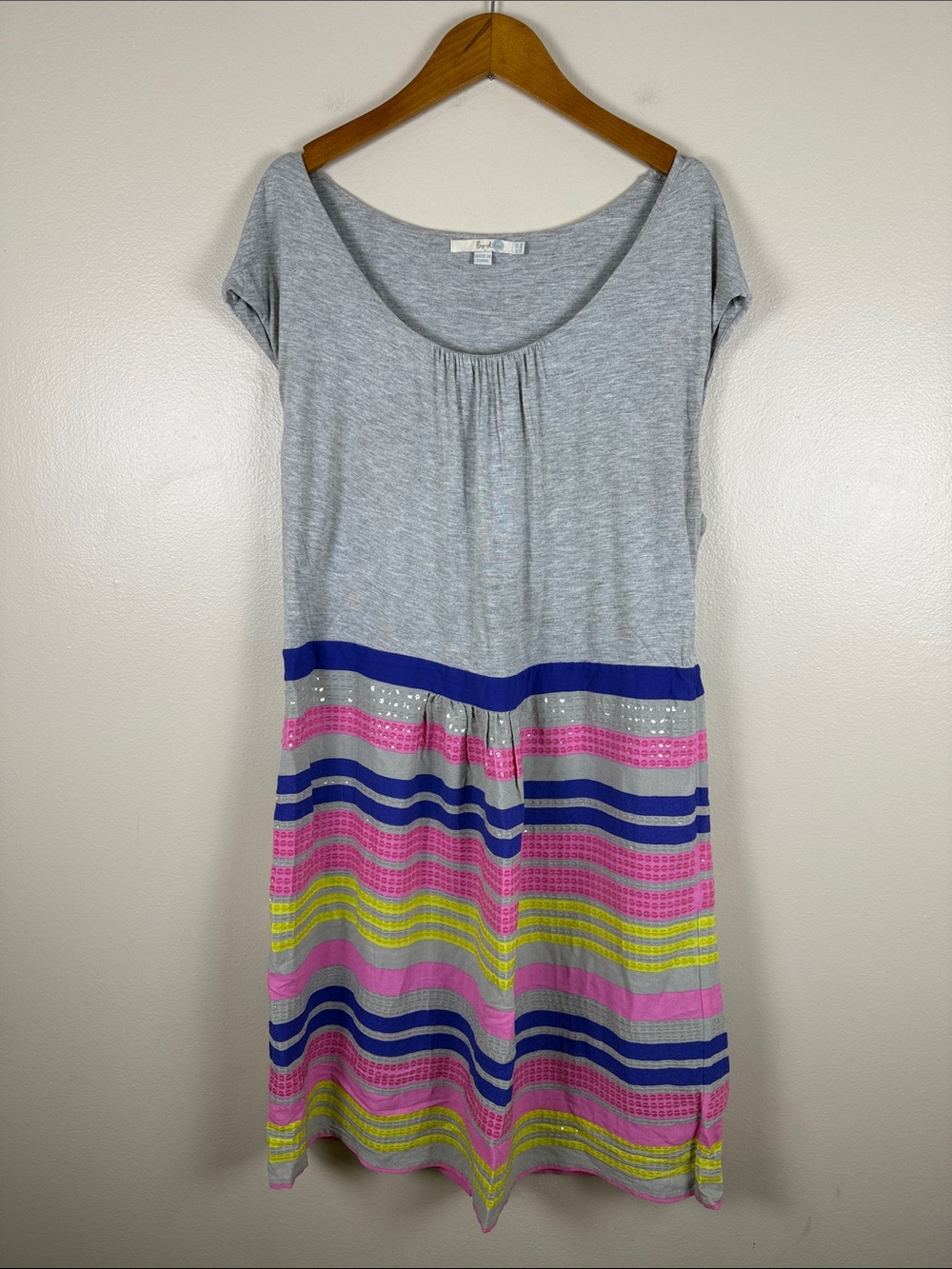 Boden Gray Dress with Blue, Pink & Yellow Stripes and Sequins. Size 16